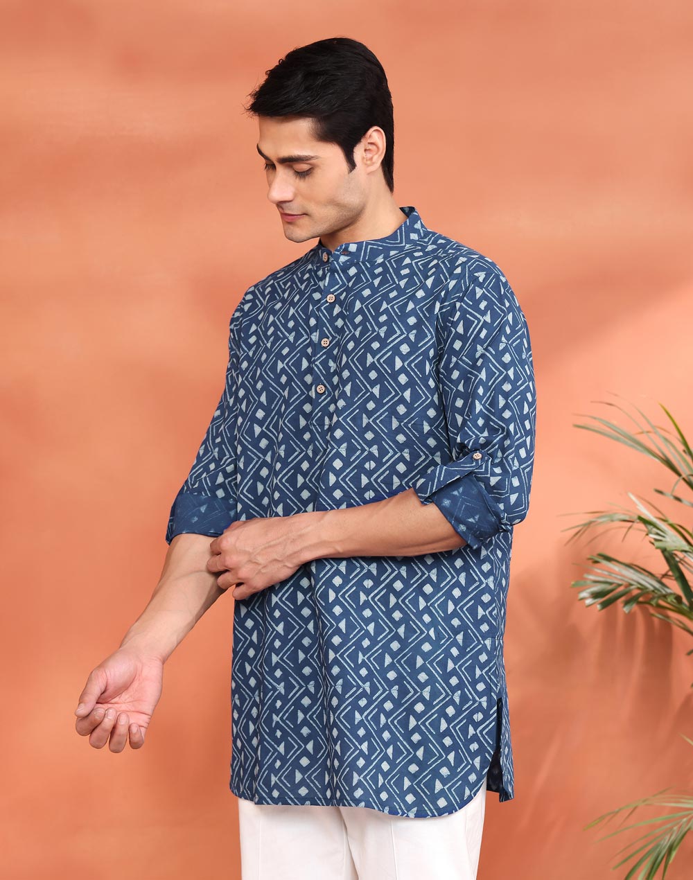 Indigo Cotton Dabu Printed Slim Fit Short Kurta