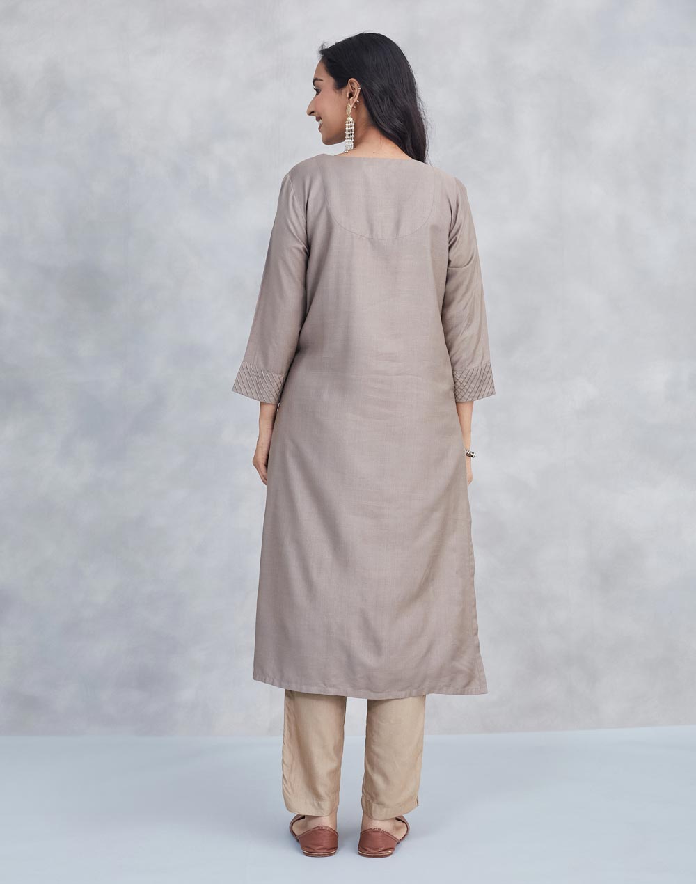 Grey Viscose Silk Pintucks Long Kurta