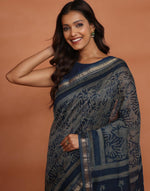 Indigo Cotton Silk Blend Dabu Printed Sari