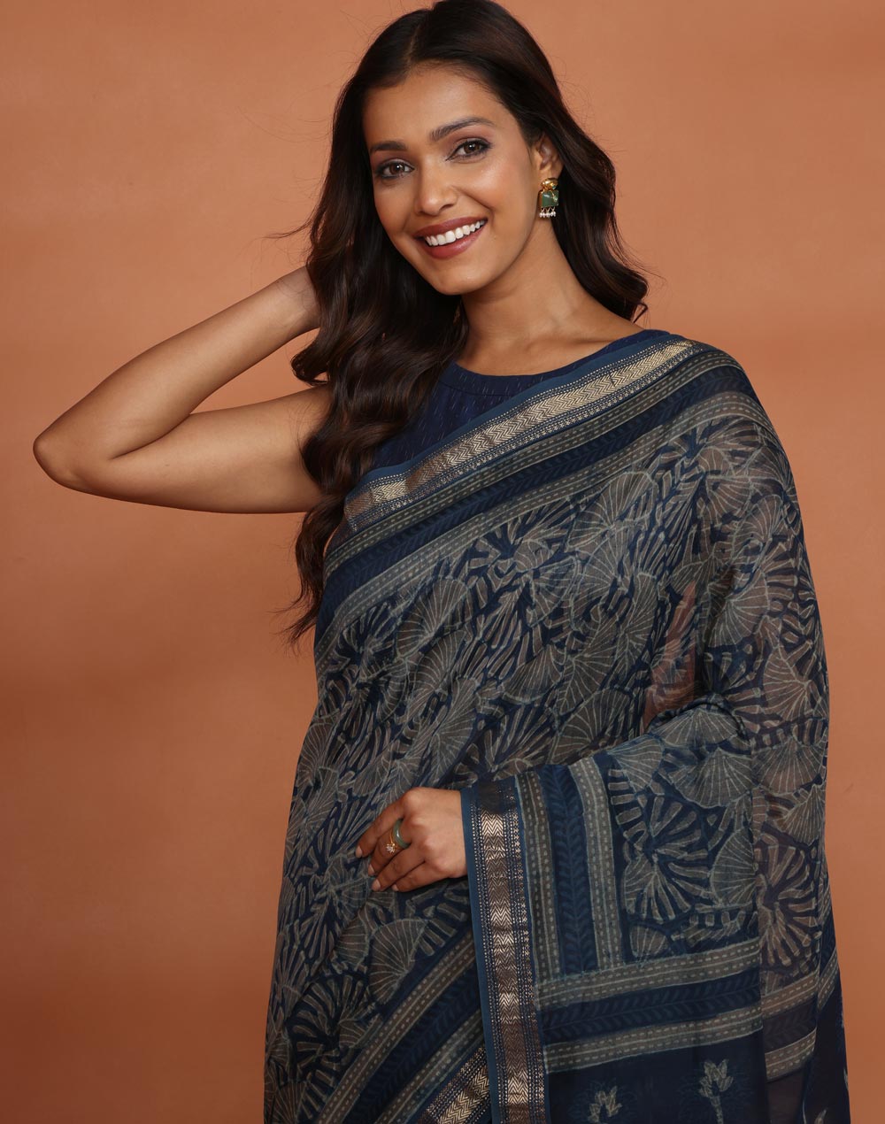 Indigo Cotton Silk Blend Dabu Printed Sari