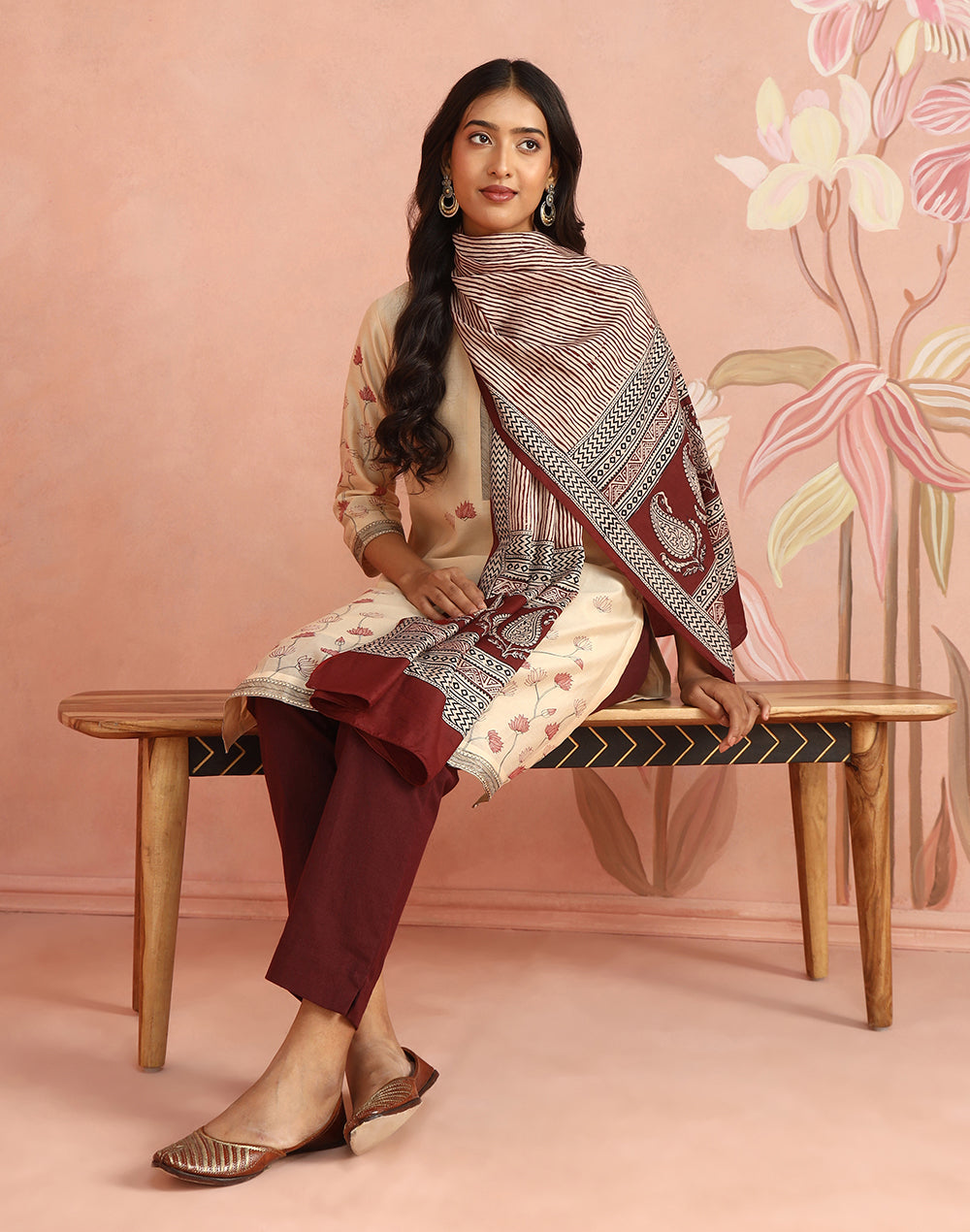 Natural-Red Silk Bagh Printed Stole