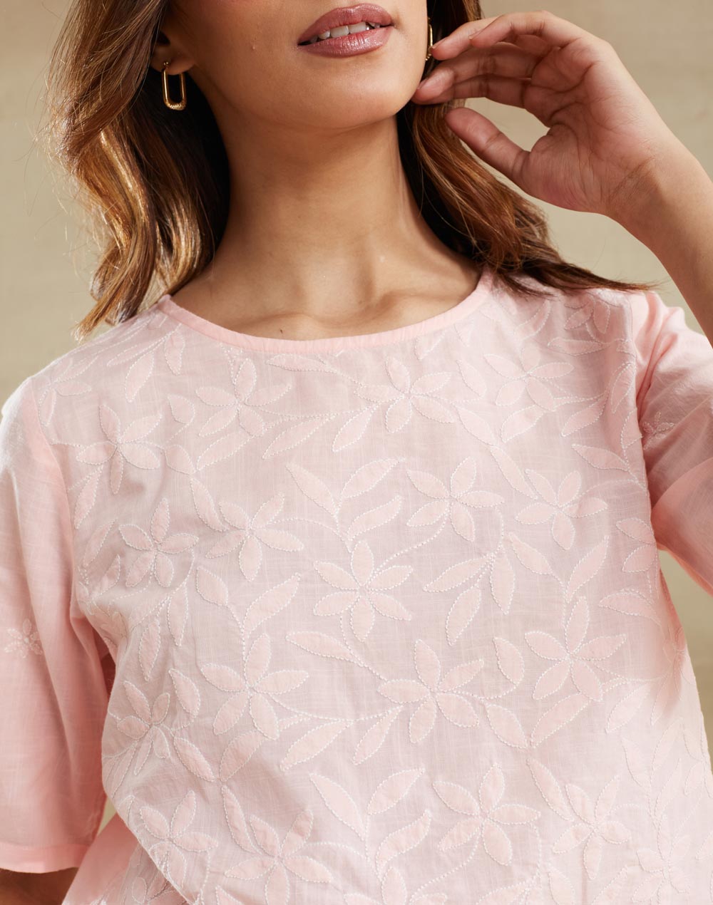 Pink Cotton Chikankari Short Top