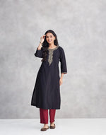 Black Cotton Silk Embroidered Long Kurta