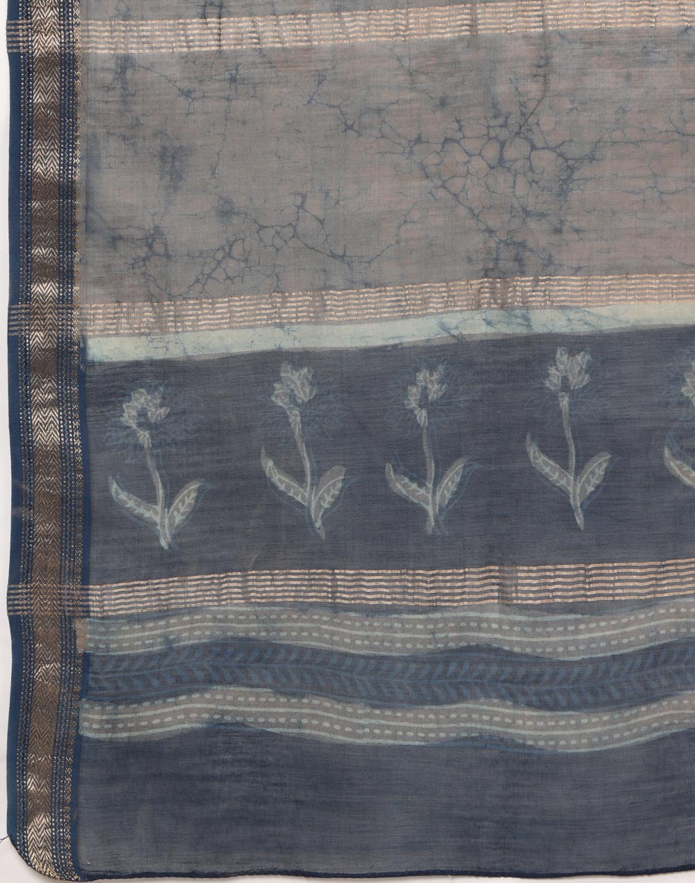 Indigo Cotton Silk Blend Dabu Printed Sari