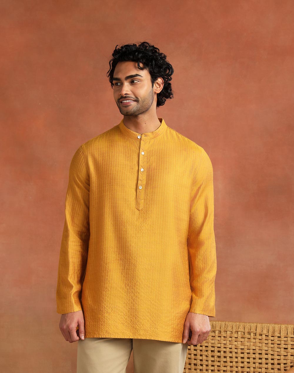Mustard Viscose Silk Blend Stripe Short Kurta