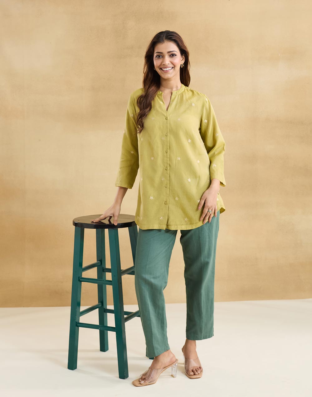 Green Cotton Silk Hand Embroidered Tunic