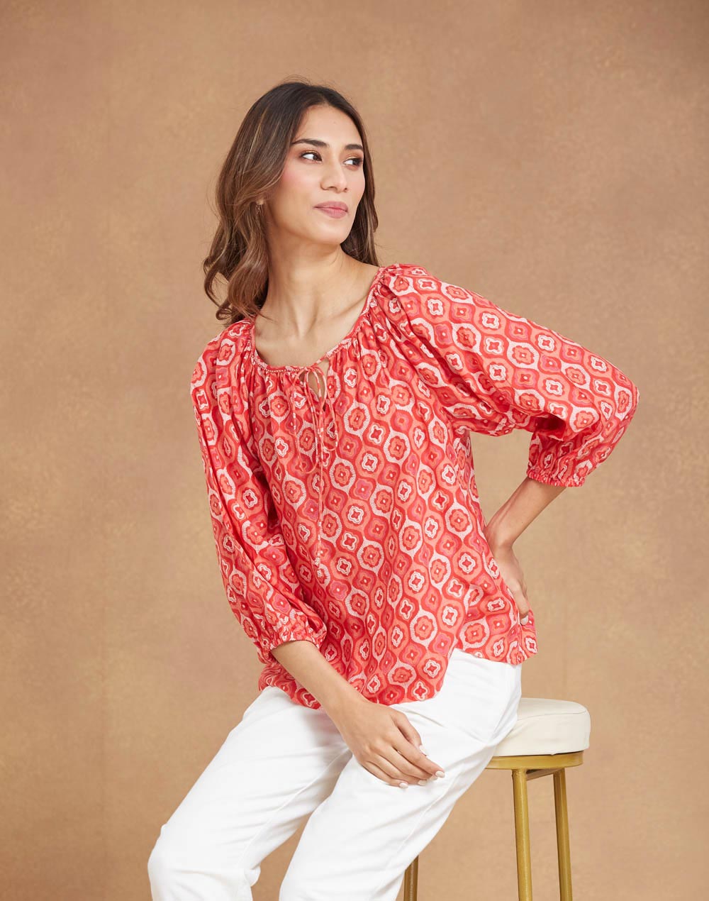Red Rayon Blend Printed Top