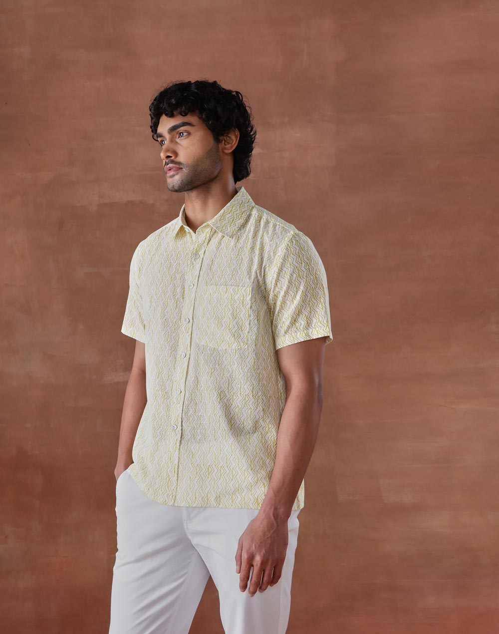 Yellow Cotton Hand Block Printed Bush Shirt
