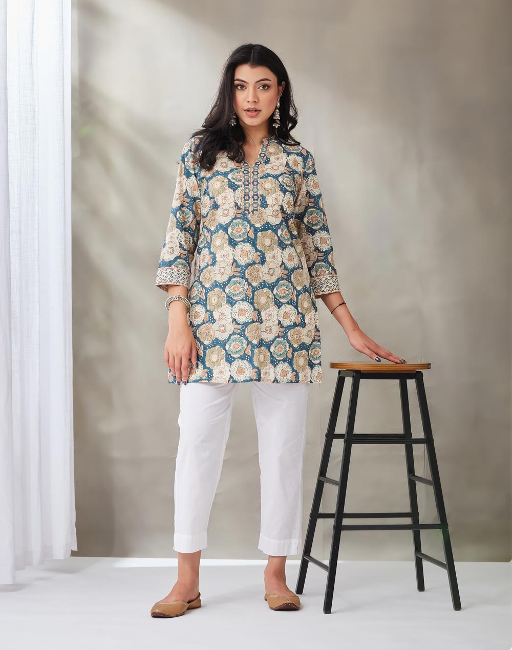 Teal Cotton Hand Block Printed Slim Fit Short Kurta