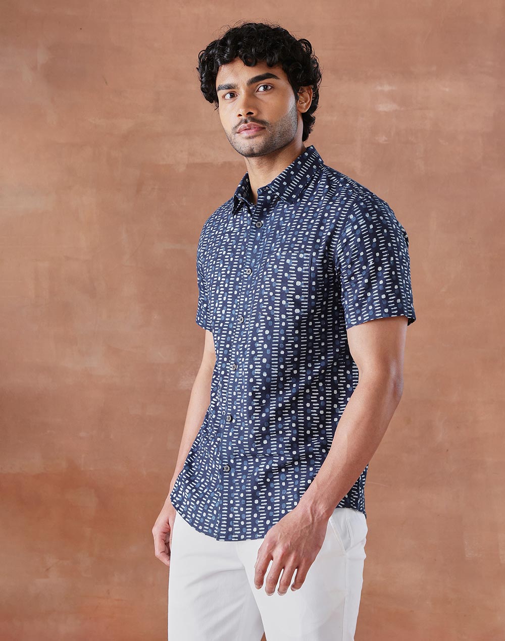 Indigo Cotton Dabu Printed Slim Fit Shirt