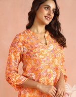 Peach Rayon Block Print Floral Shirt for Women with a hand block floral print