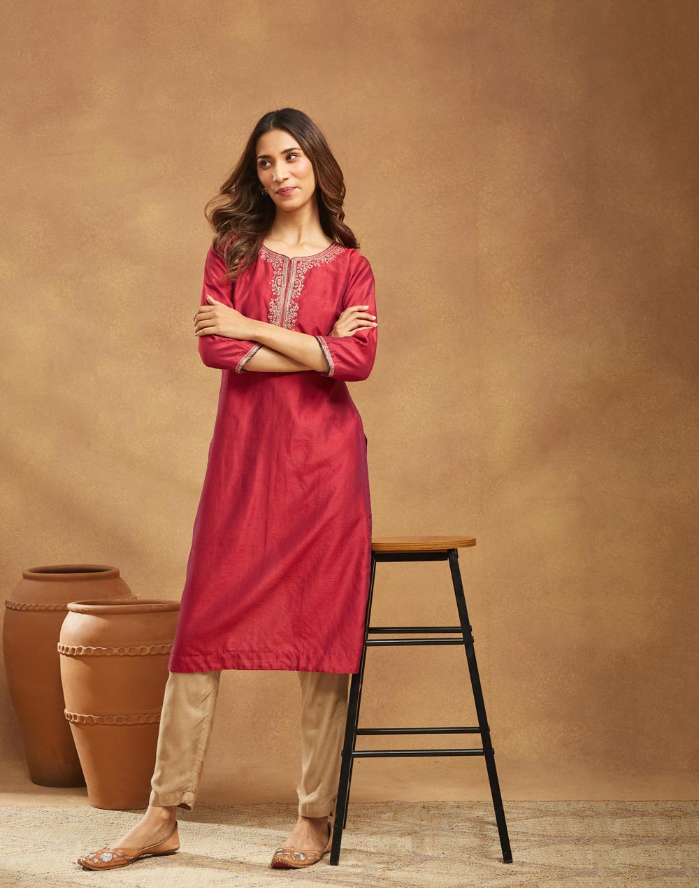 Wine Cotton Silk Embroidered Long Kurta