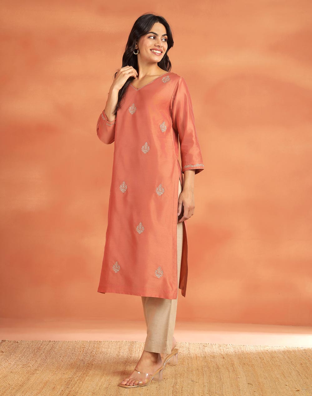 Pink Cotton Silk Embroidered Long Kurta