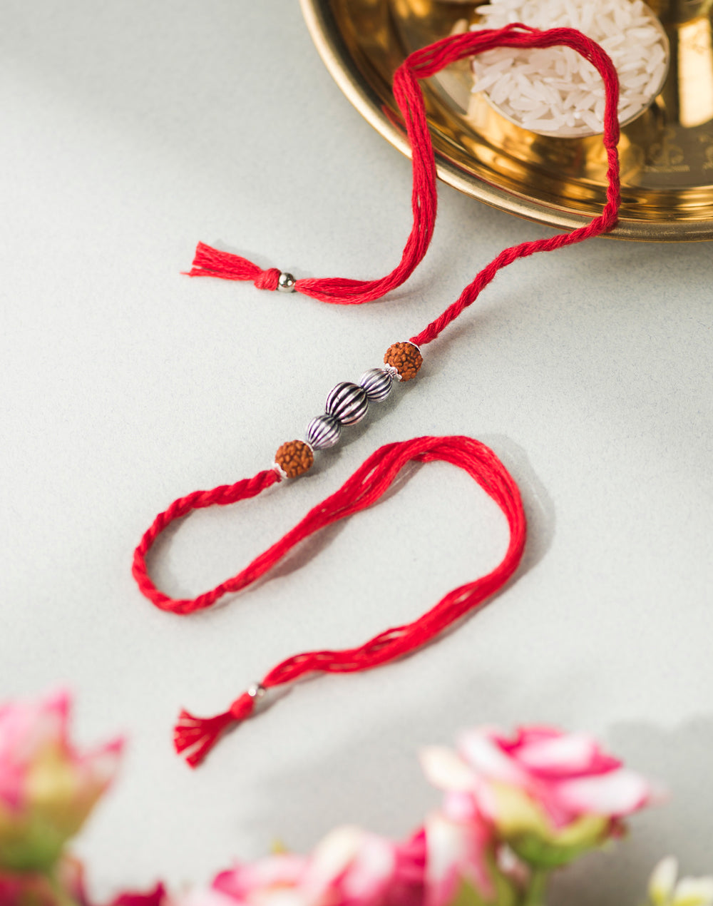 *FREE Red Metal Rudrakash With Silver Beads Rakhi - LIMITED