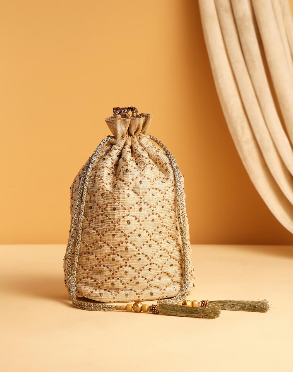 Beige Hand Embroidered Jhilmil Poti