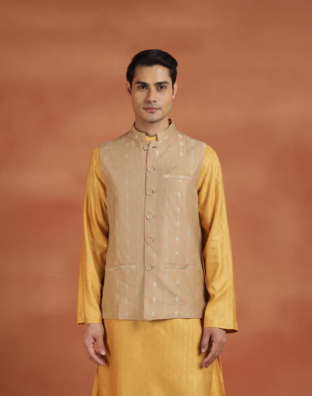 Beige Viscose Silk Nehru Jacket