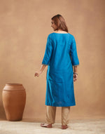 Blue Cotton Silk Hand Embroidered Long Kurta