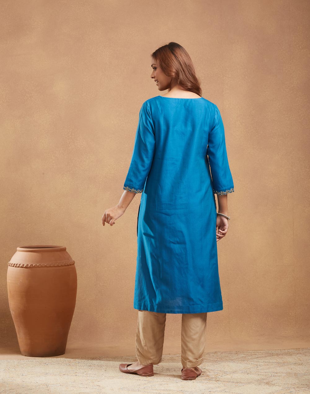 Blue Cotton Silk Hand Embroidered Long Kurta