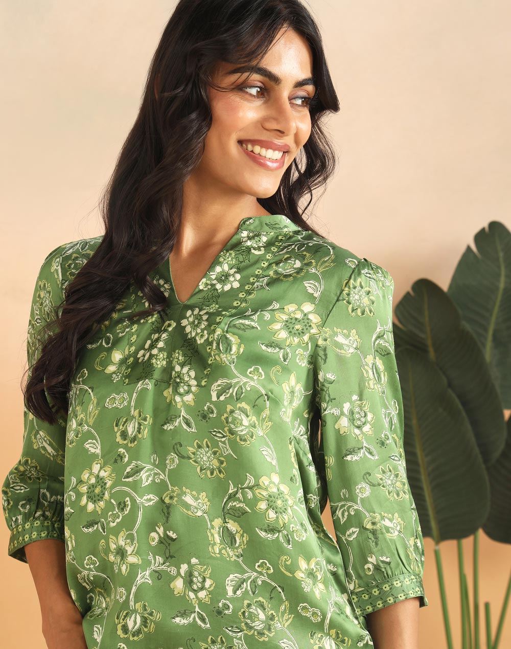 Green Rayon Blend Hand Block Printed Helen Top