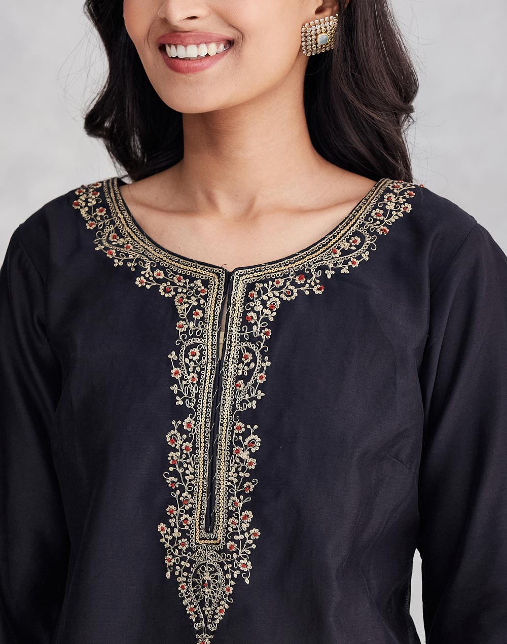 Black Cotton Silk Embroidered Long Kurta