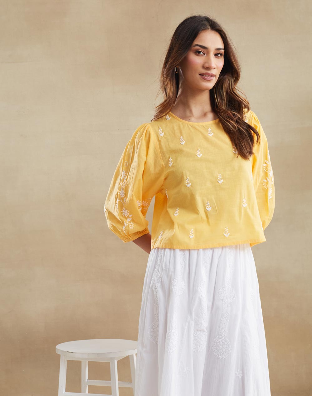 Yellow Cotton Chikankari Short Top