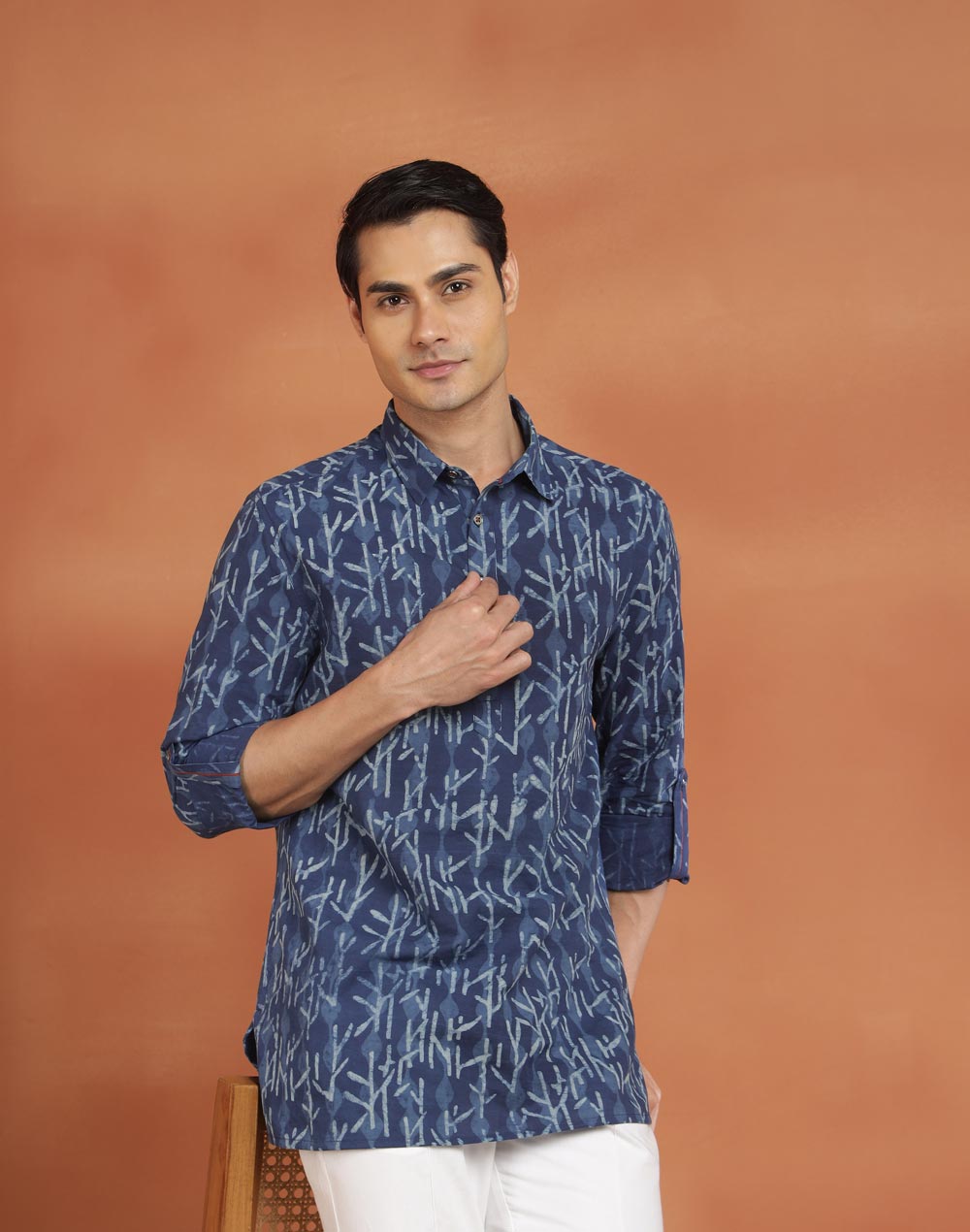 Indigo Cotton Dabu Slim Fit Short Kurta
