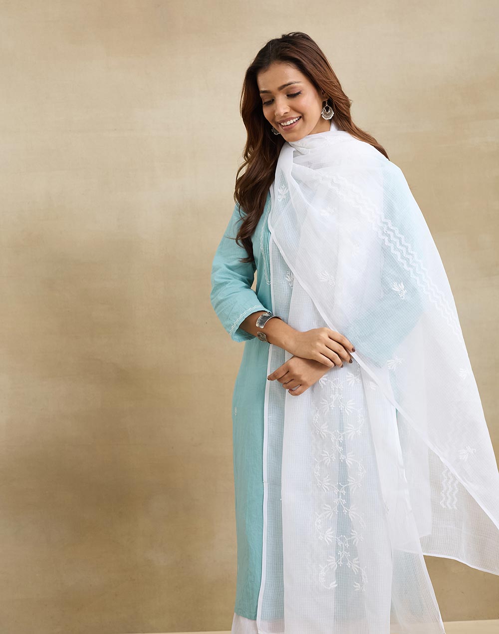 White Cotton Silk Blend Chikankari Dupatta