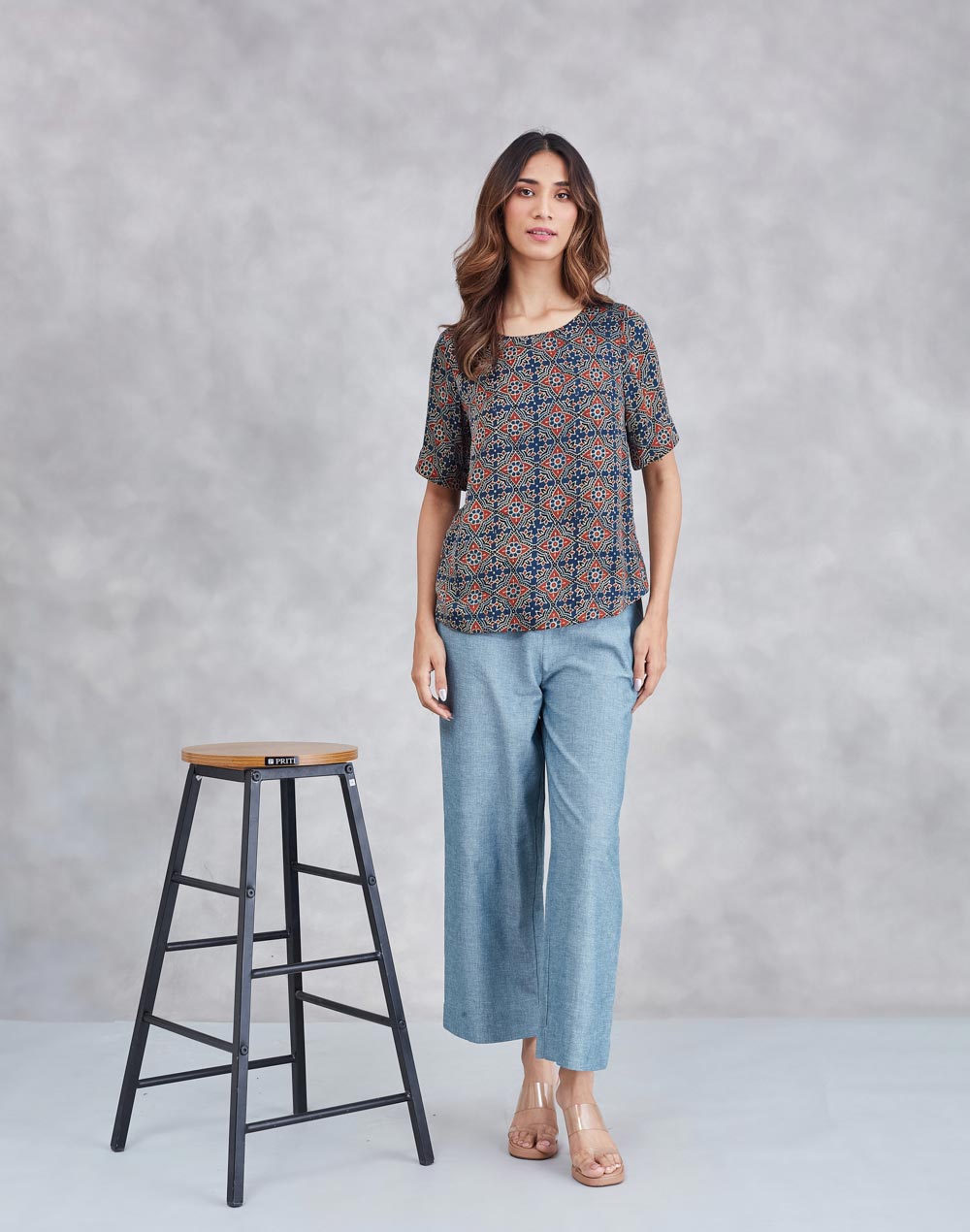 Blue Rayon Blend Ajrakh Printed Arcadian Top