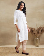White Cotton Chikankari Knee Length Kurta
