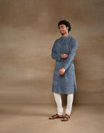 Indigo Cotton Dabu Printed Slim Fit Long Kurta