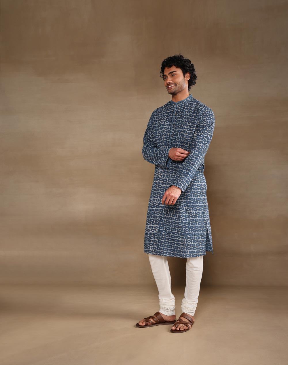 Indigo Cotton Dabu Printed Slim Fit Long Kurta