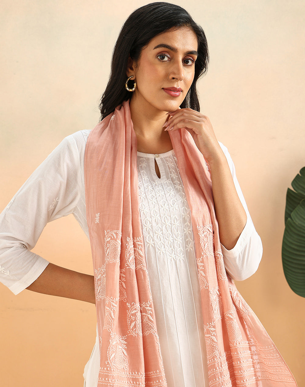 Pink Cotton Silk Chikankari Stole