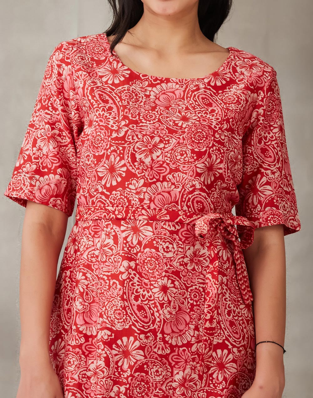 Red Cotton Silk Hand Block Printed Midi Dress