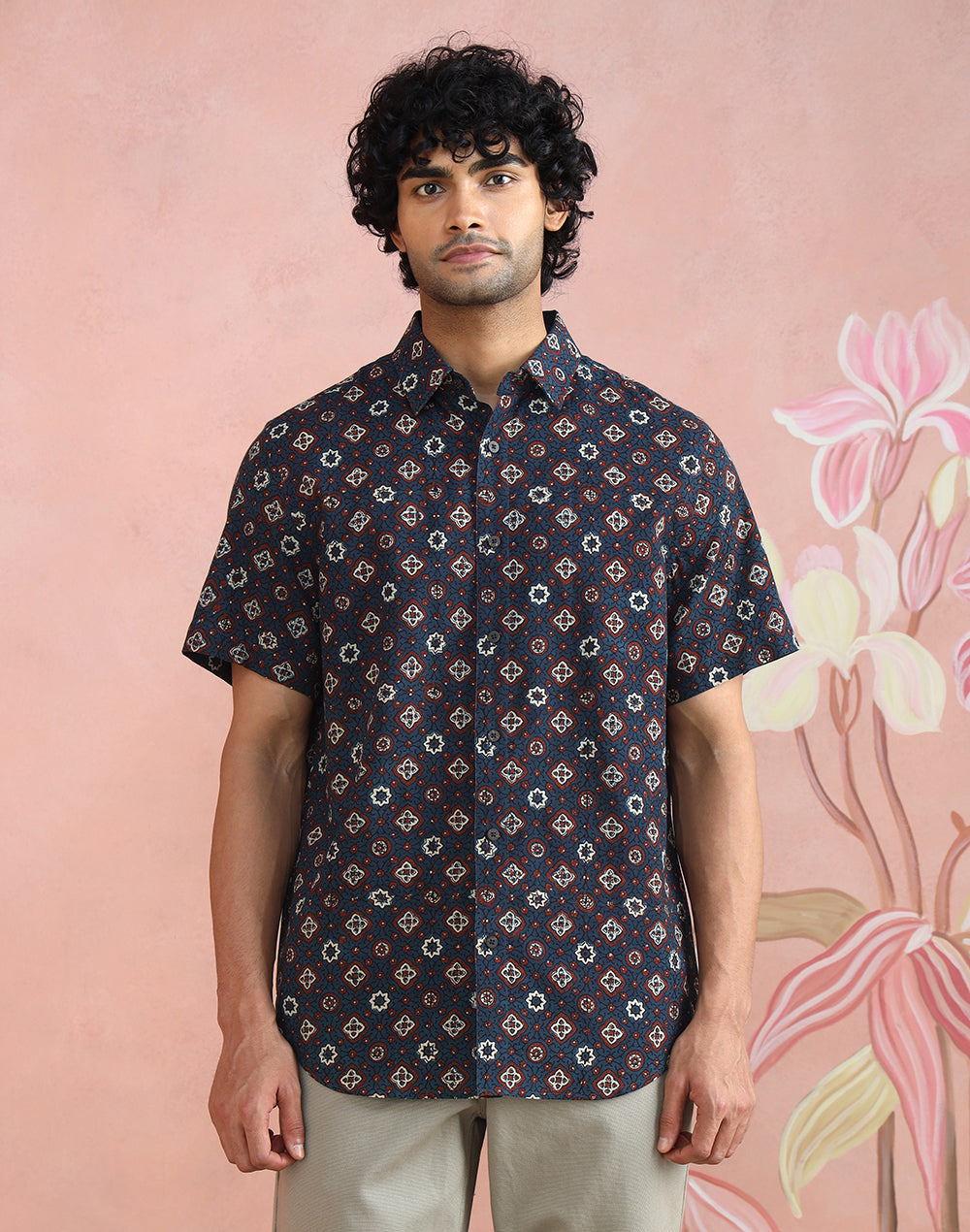 Ajrakh print detail on the Blue-Red Ajrakh Print Shirt