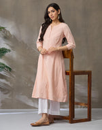 Orange Cotton Chikankari Slim Fit Long Kurta