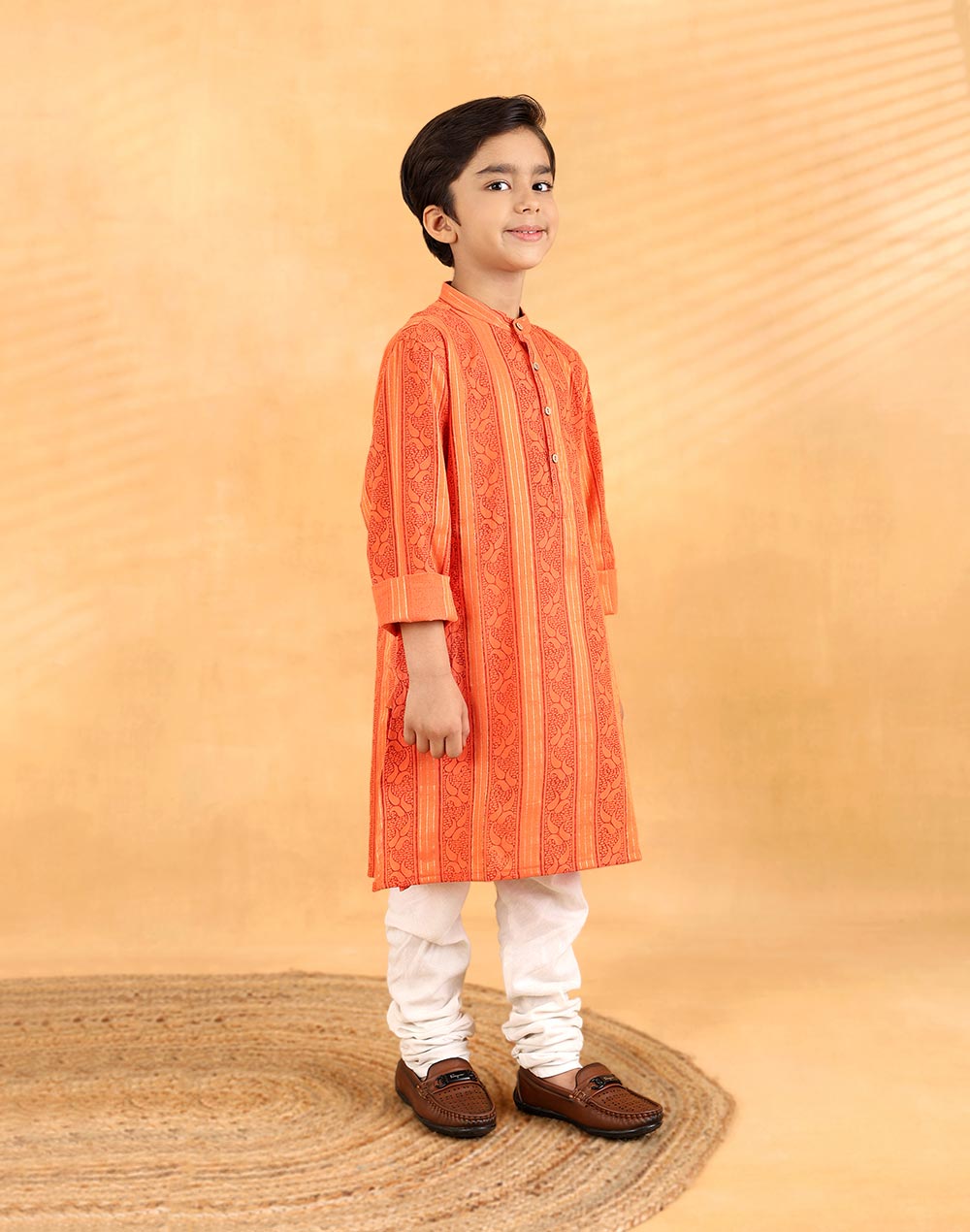 Orange Cotton Blend Hand Block Printed Long Kurta