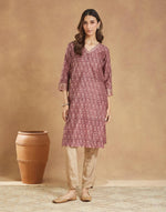 Purple Cotton Silk Hand Block Printed Knee Length Kurta