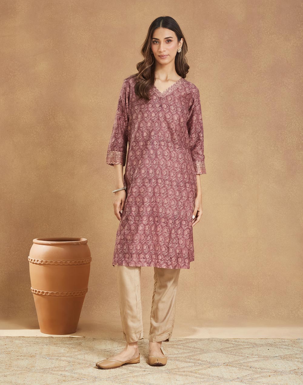 Purple Cotton Silk Hand Block Printed Knee Length Kurta