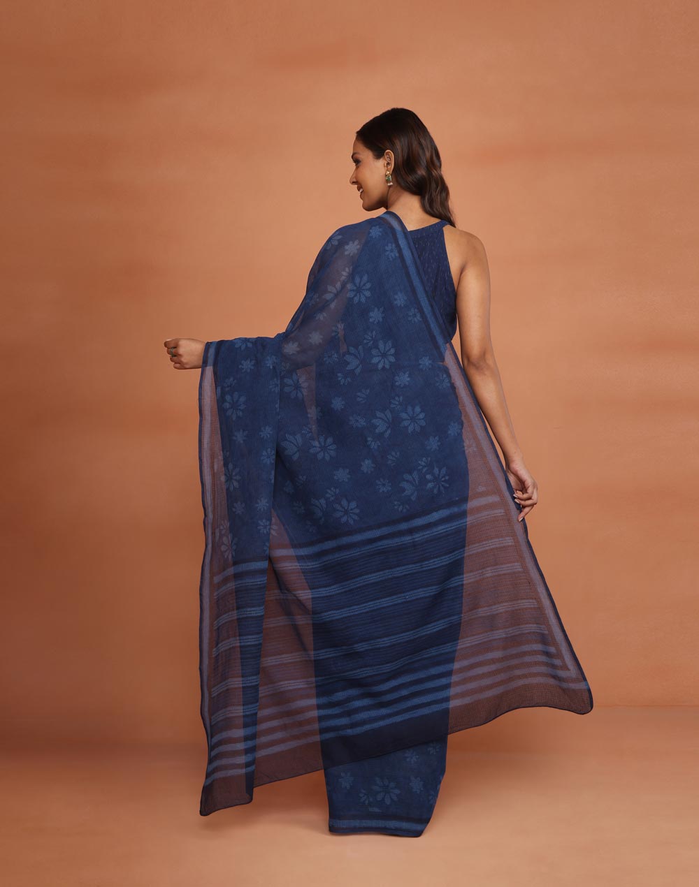 Indigo Cotton Silk Dabu Printed Sari
