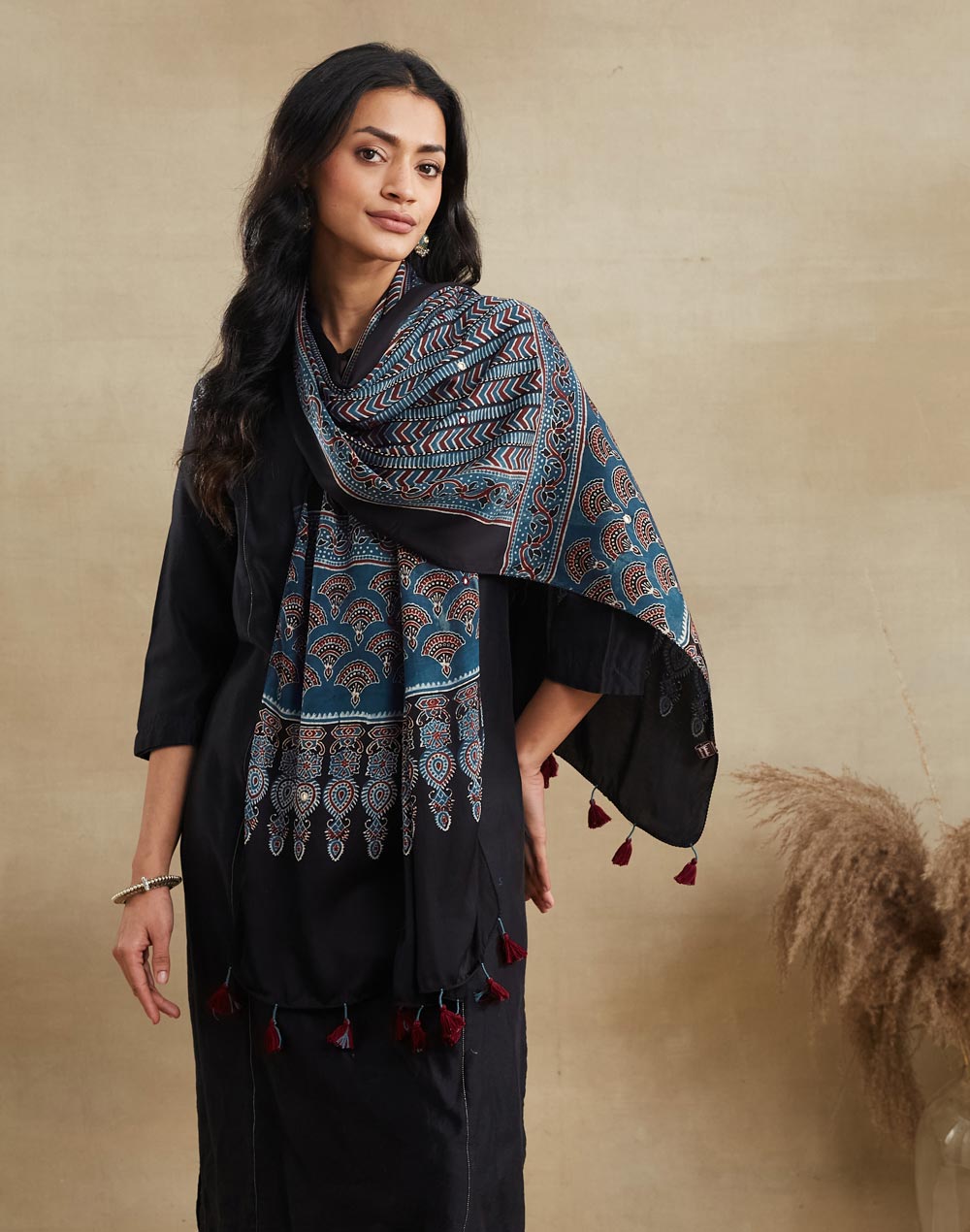 Indigo Viscose Blend Ajrakh Printed Stole