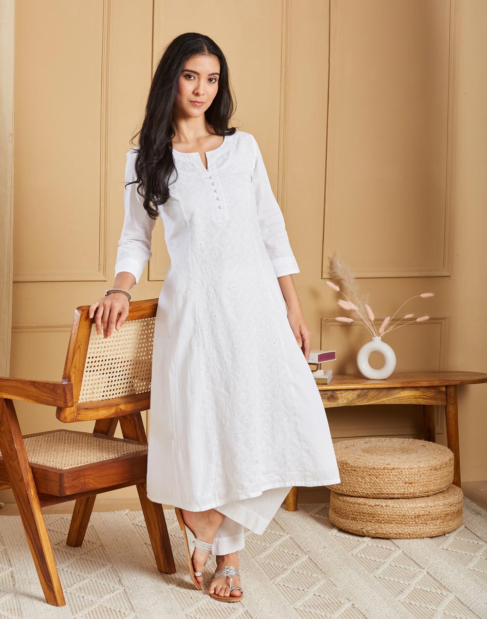 Offwhite Cotton Chikankari Long Kurta