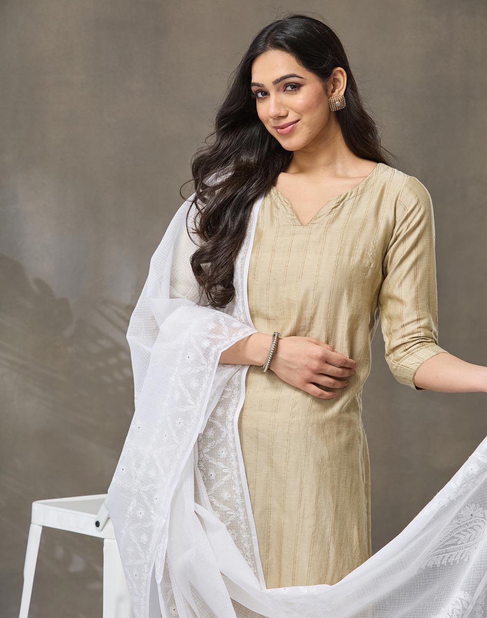 White Cotton Silk Blend Chikankari Dupatta