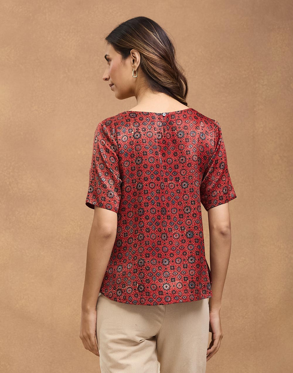 Maroon Viscose Blend Ajrakh Printed Arcadian Top