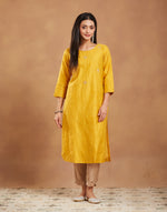 Mustard Cotton Silk Embroidered Long Kurta