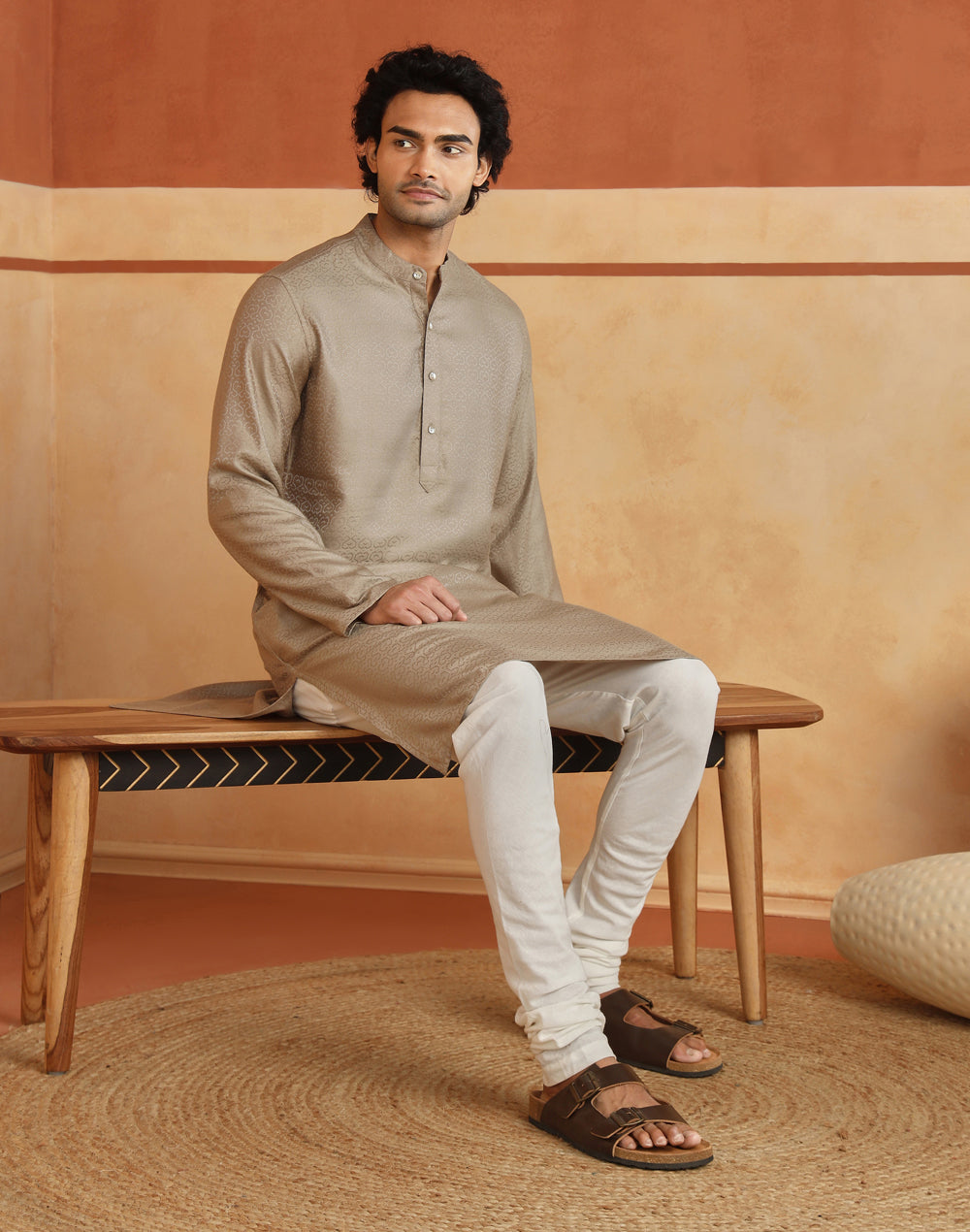 Beige Viscose Blend Dobby Slim Fit Long Kurta