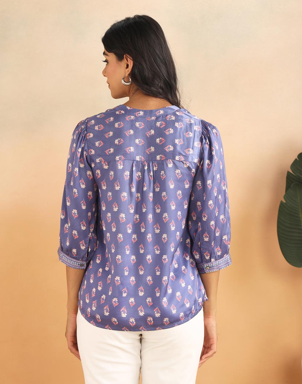 Blue Rayon Blend Hand Block Printed Helen Top