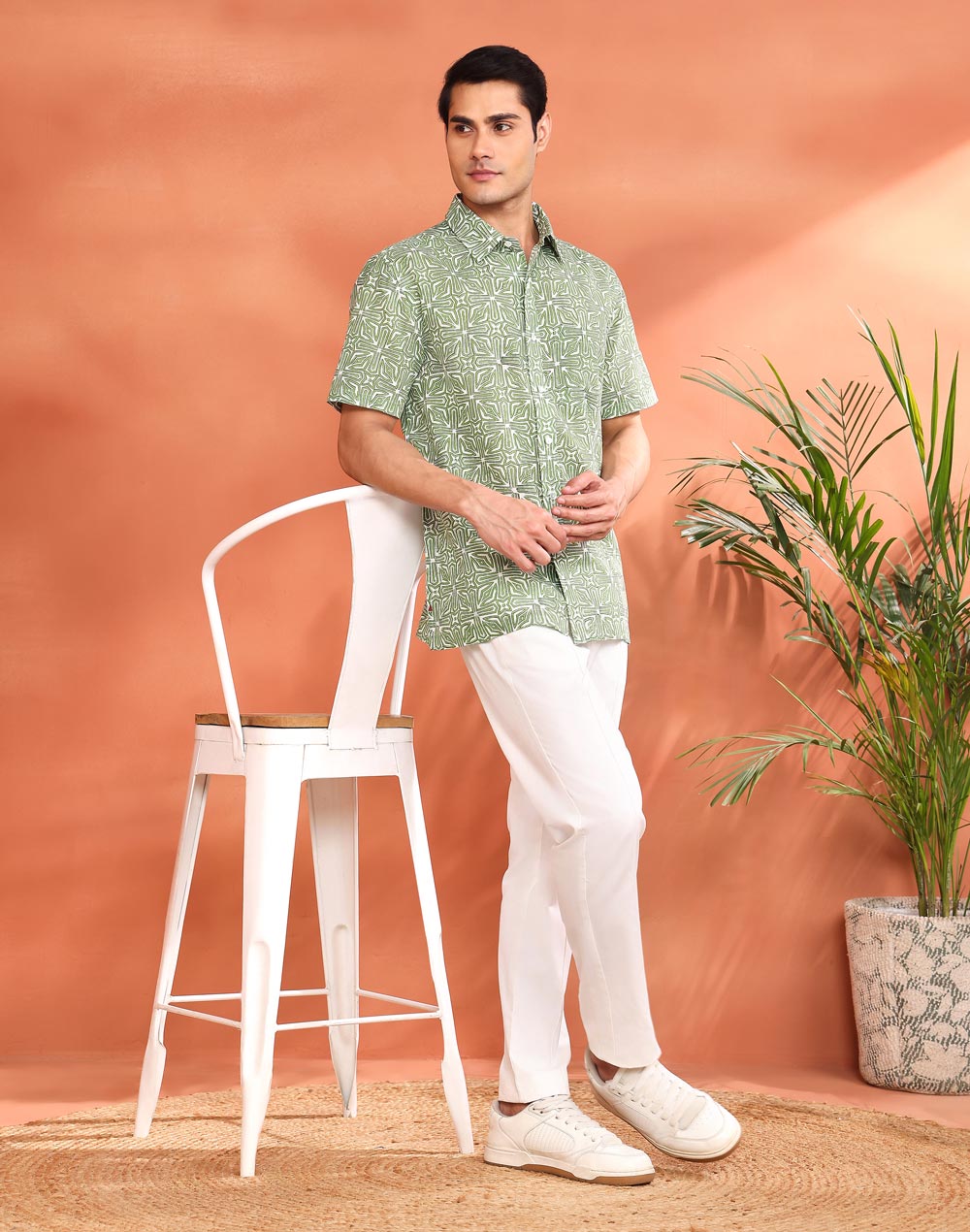 Green Cotton Hand Block Printed Bush Shirt