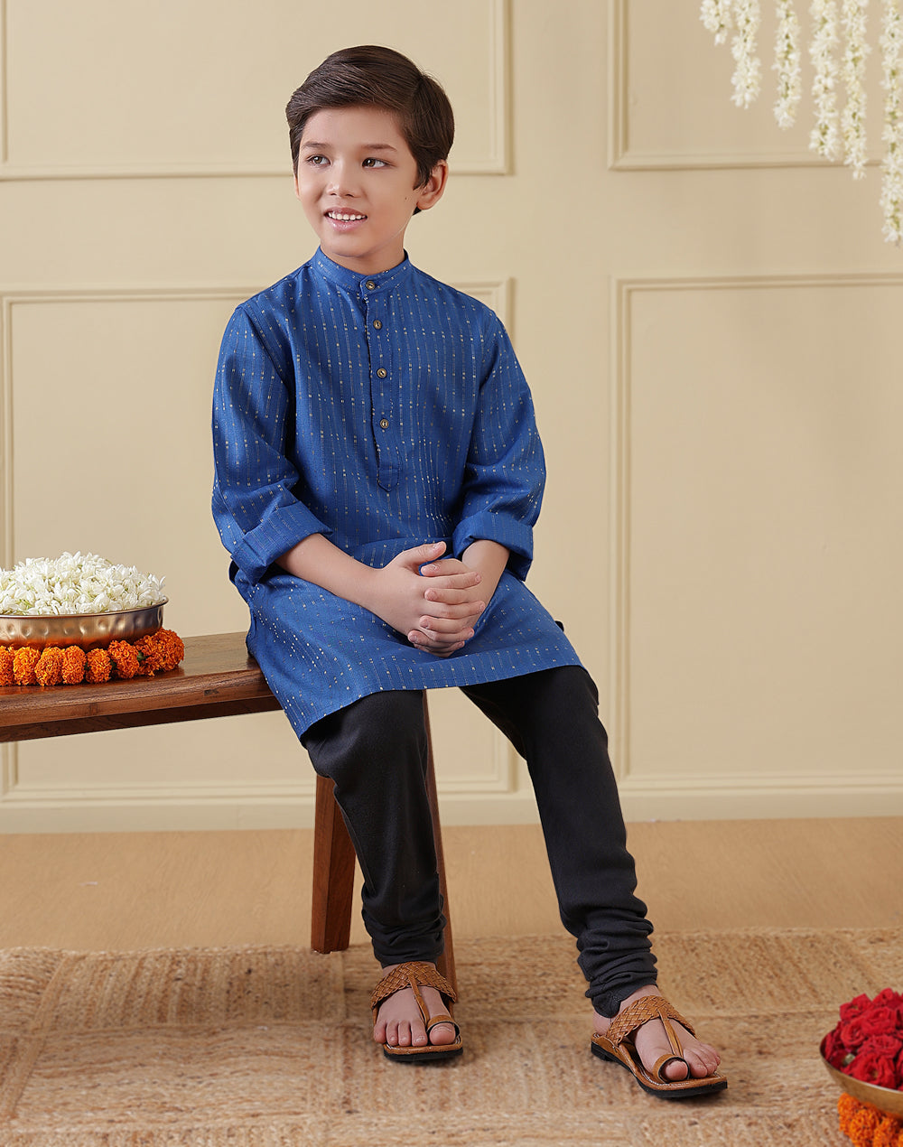 Navy Viscose Blend Dobby Long Kurta