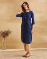 Navy Cotton Woven Long Kurta