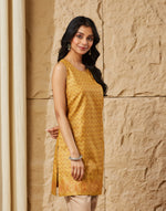 Mustard Viscose Silk Hand Block Printed Slim Fit Short Kurta
